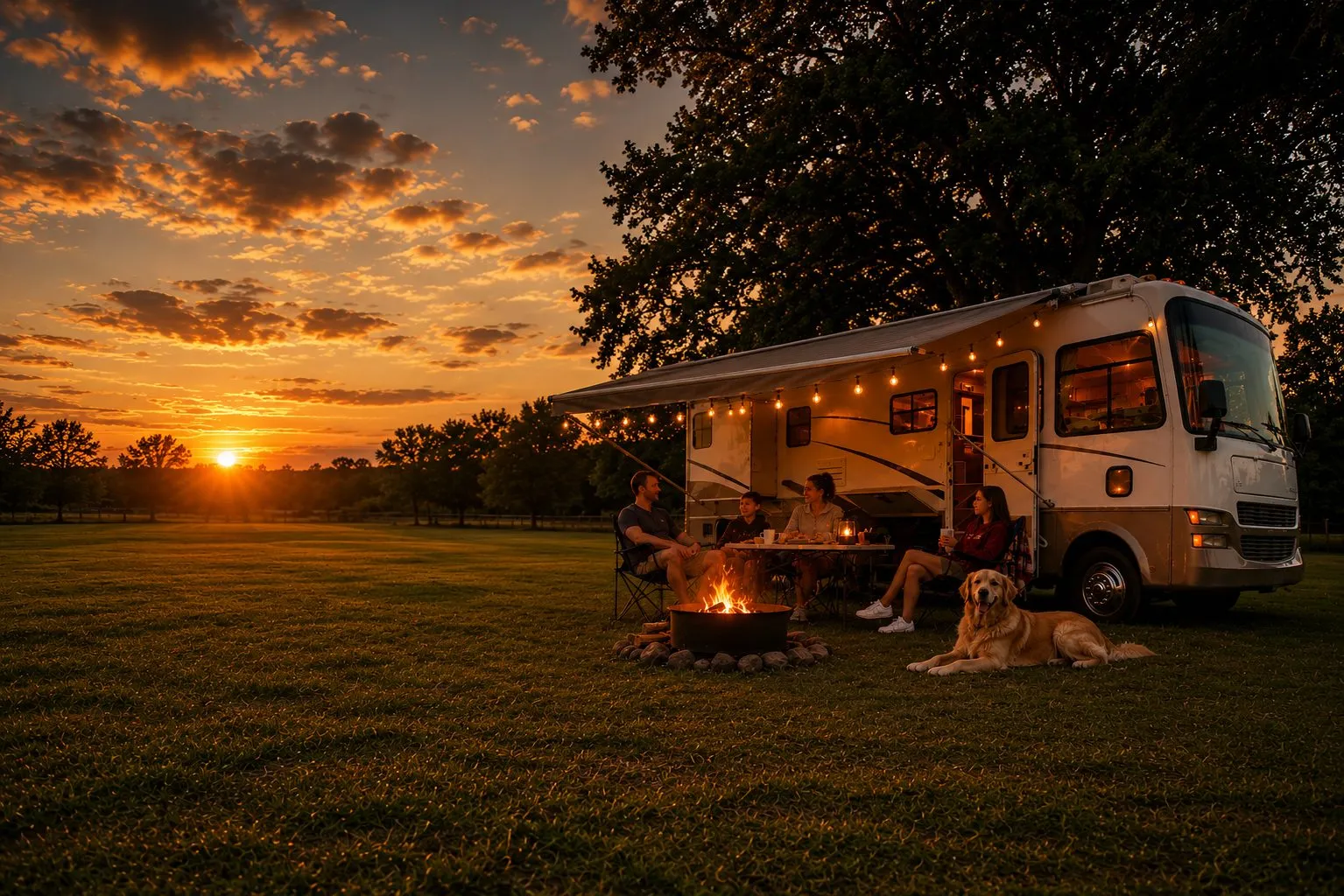 Family relaxing by a campfire beside their RV at sunset in North Georgia
